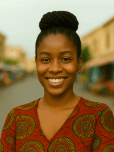 Aminata K., propriétaire de petite entreprise à Saint-Louis, Sénégal, souriante dans un chemisier coloré