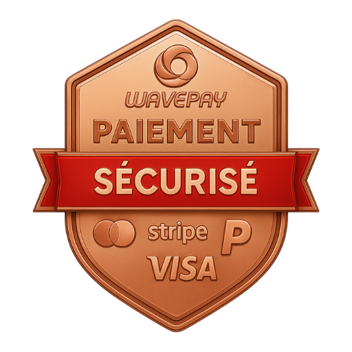 Paiement Sécurisé – WisemanToure Badge Paiement Sécurisé en or rose avec WavePay et logos partenaires