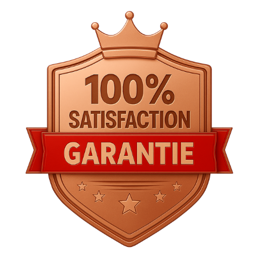100% Satisfaction Garantie – WisemanToure Badge 100% Satisfaction Client Garantie en or rose avec couronne.