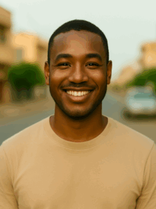 Mamadou S., propriétaire de voiture à Dakar, portant un t-shirt beige et souriant