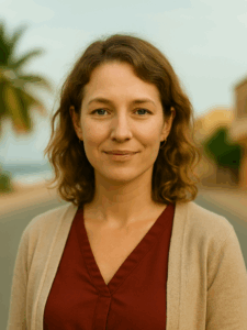 Sophie D., femme professionnelle à Mbour, Sénégal, debout dans une rue côtière