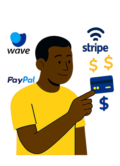 Client effectuant un paiement sécurisé avec les logos PayPal, Stripe et Wave visibles